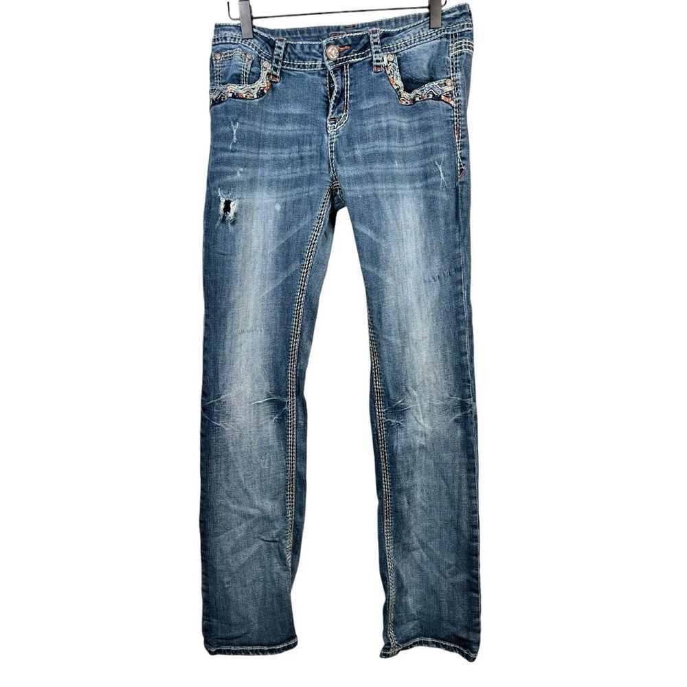 Bootcut Jeans Cowboy Western Rhinestone Distressed Grace in LA Size 31 X‎ 31